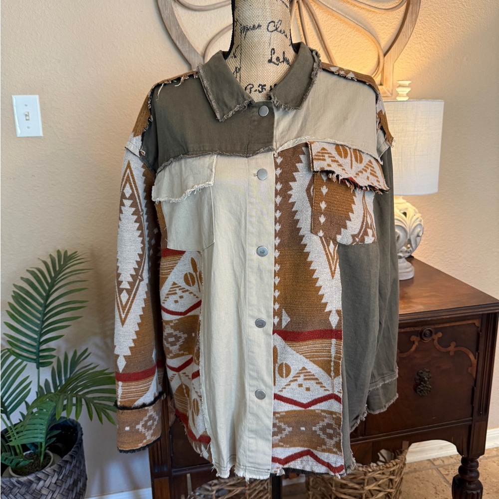 Davi & Dani Boho Western Print Multi Fabric Shacket with Frayed Details